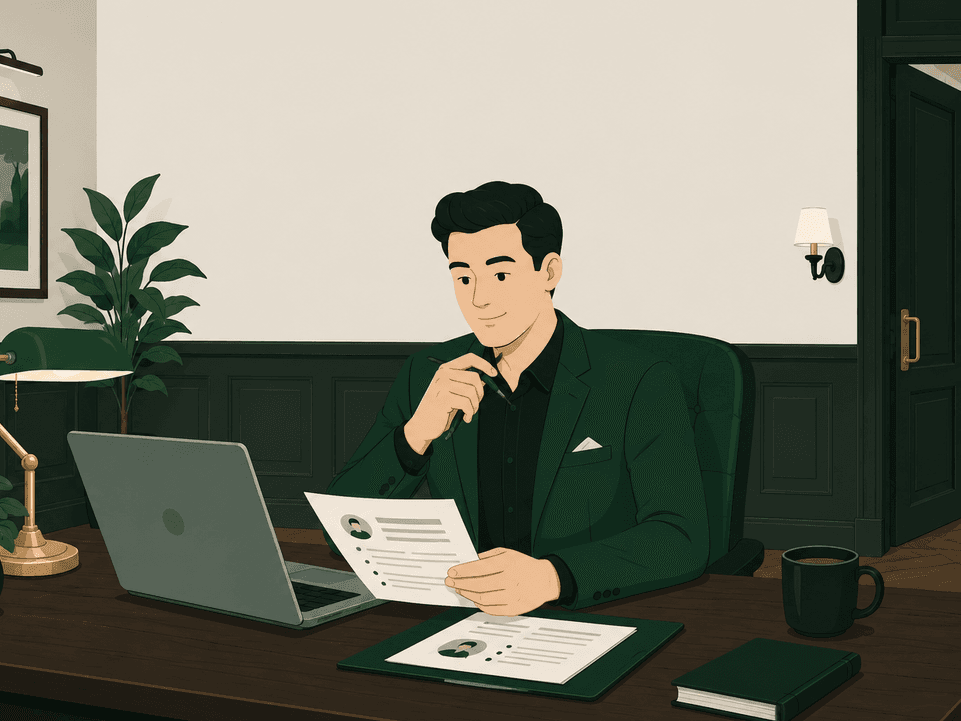 A venue manager reviewing applicants at a desk