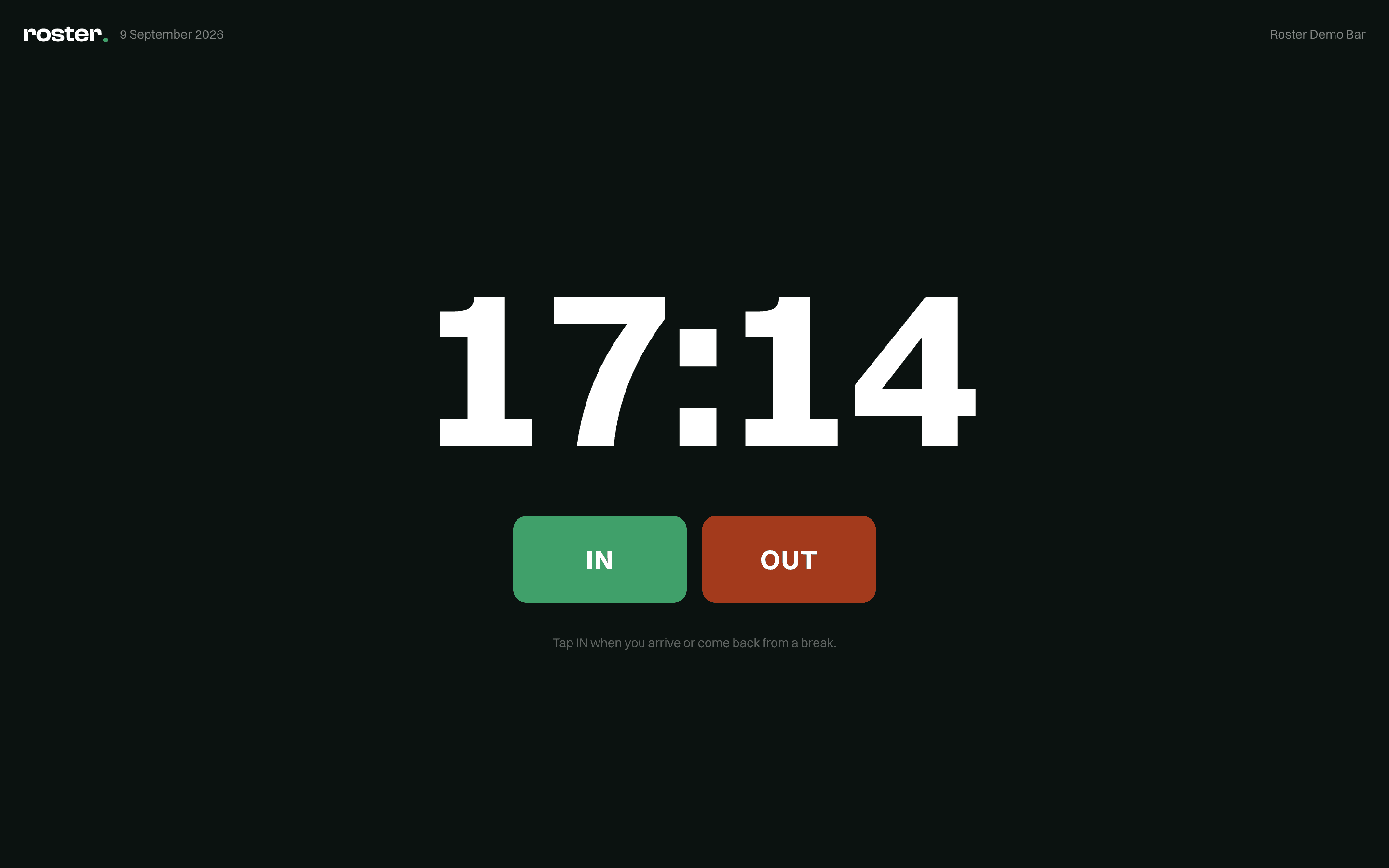The roster clock-in kiosk on a tablet: a big clock, In and Out buttons and the PIN pad