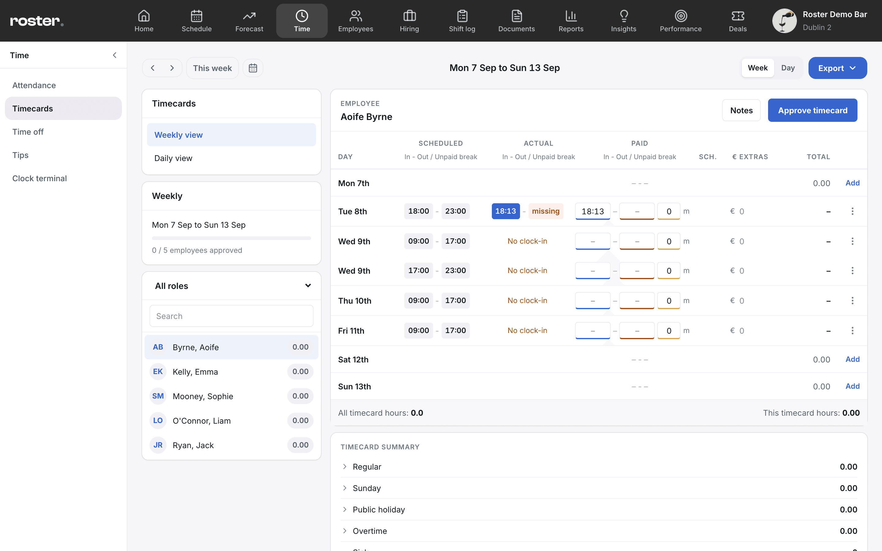 The roster timecards page: a day of punches with scheduled, clocked and paid hours, and an approve button on each