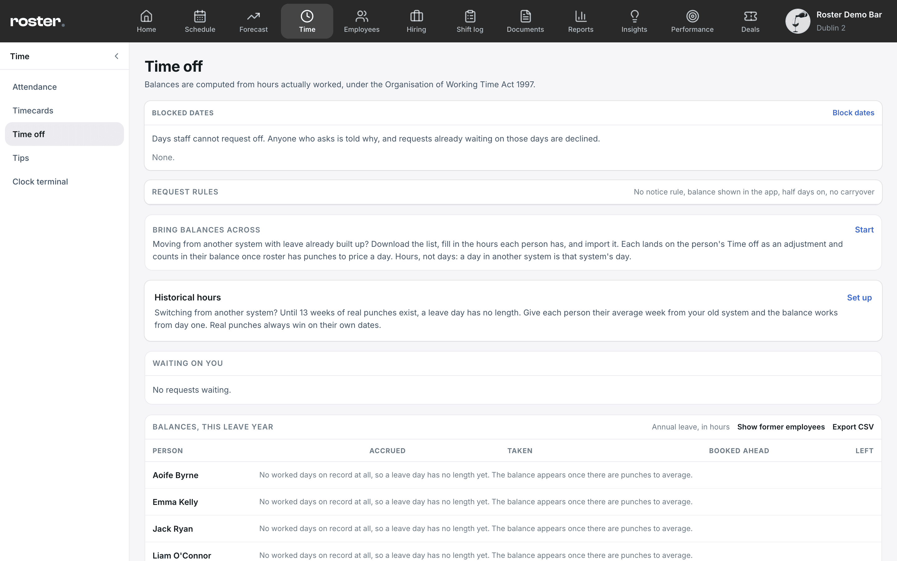 The roster time off page: pending requests with balances, and the calendar of who is off